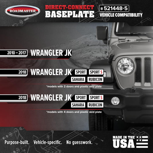 Roadmaster 521448-5 Roadmaster 521448-5 Direct Connect Base Plates Compatible with 2010-2017 Wrangler JK Models and 2018 JK Models of Sport, Sport S, Sahara and Rubicon with Plastic Skid Plate
