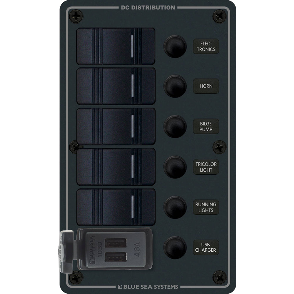 Blue Sea Systems 8521 Blue Sea 8521 - 5 Position Contura Switch Panel w/Dual USB Chargers - 12/24V DC - Black