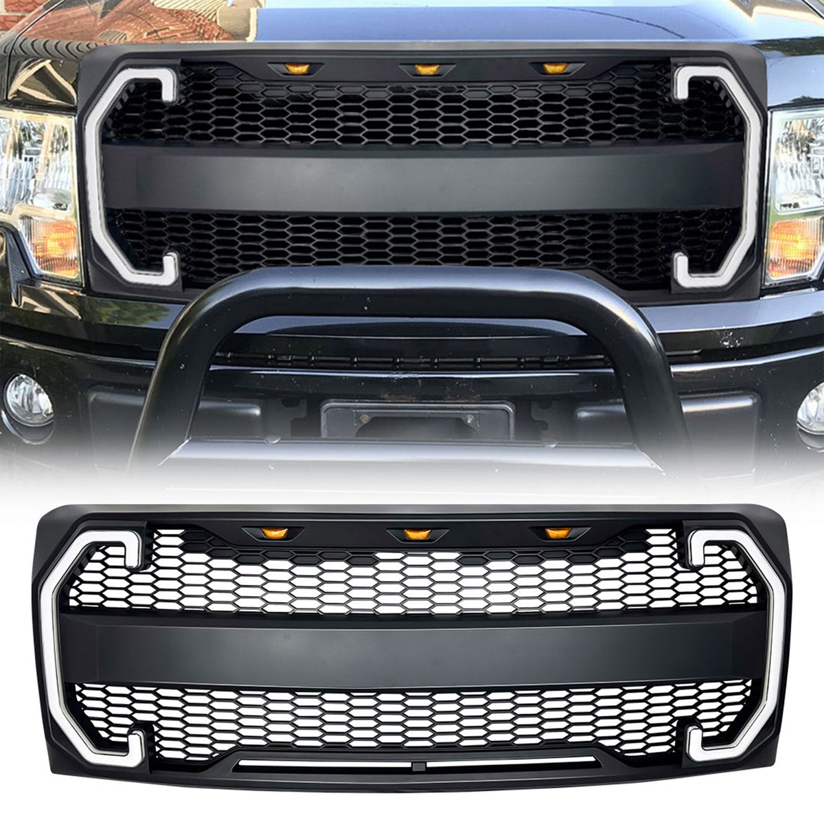 American Modified AMFMAA00124 AMERICAN MODIFIED Raptor-Style Grille w/Turn Signal Lights, 09-14 Ford F150