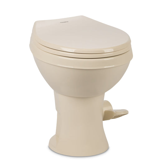 Dometic 9610008276 Dometic Model 400 Essential RV Toilet – Round Lightweight Plastic Bowl, Universal Fit & 2-Bolt Mount, 18" Chair Height Residential Style, Gravity Flush Toilet with Soft-Close Seat, Bone (9610008276)
