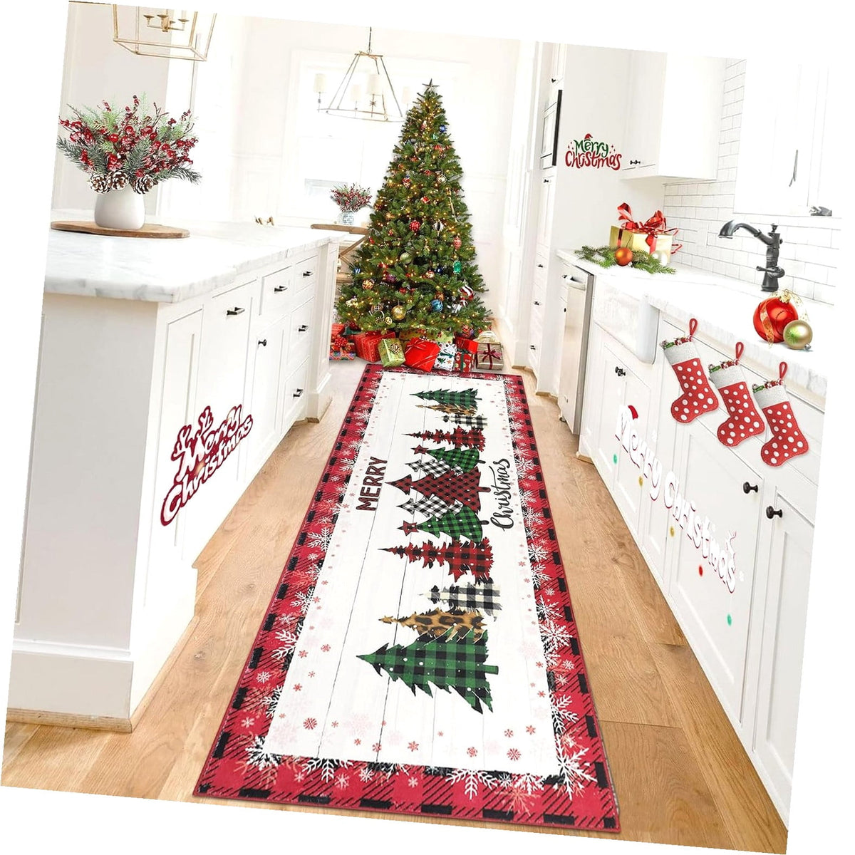Fuliko 9821-8530 Fuliko Christmas Tree Runner Rugs for Hallway 2' Red Farmhouse Kitchen Runner Rugs Washable Xmas Low Pile Carpet Runner for Kitchen Bedroom Entryway