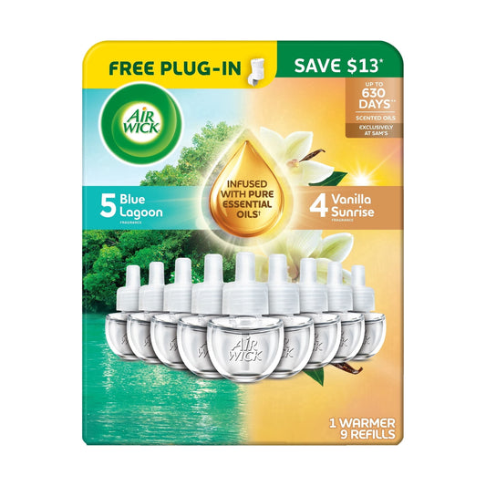Air Wick Air Wick Plug-In Scented Oil Air Freshener, Blue Lagoon + Vanilla Sunrise, 1 Warmer + 9 Refills