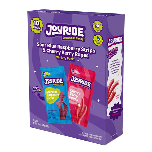 Joyride Joyride Low-Sugar Candy Variety Box, Sour Blue Raspberry Strips & Cherry Berry Ropes, 10 Count